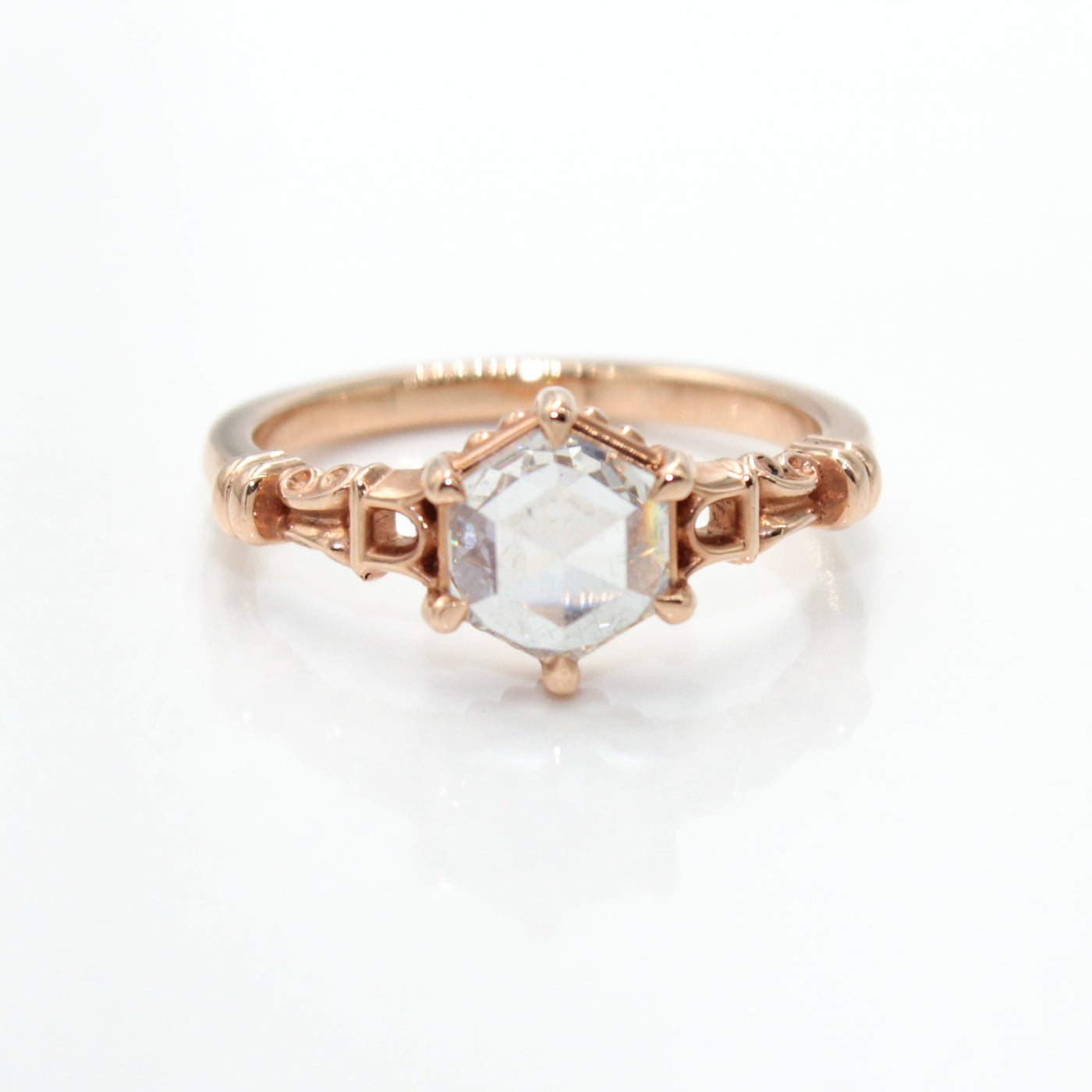 14K Rose Gold Engagement Ring with Hexagon Rose Cut Lab Grown Diamond