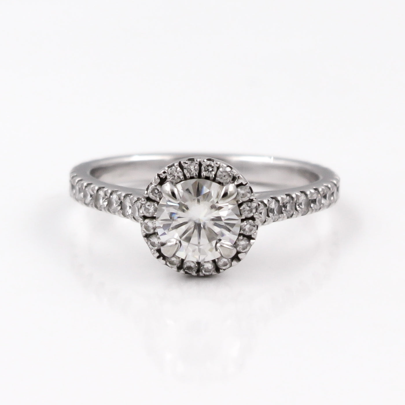 14K White Gold Moissanite Engagement Ring with Scalloped Claw Diamond Halo and Diamonds to 2/3