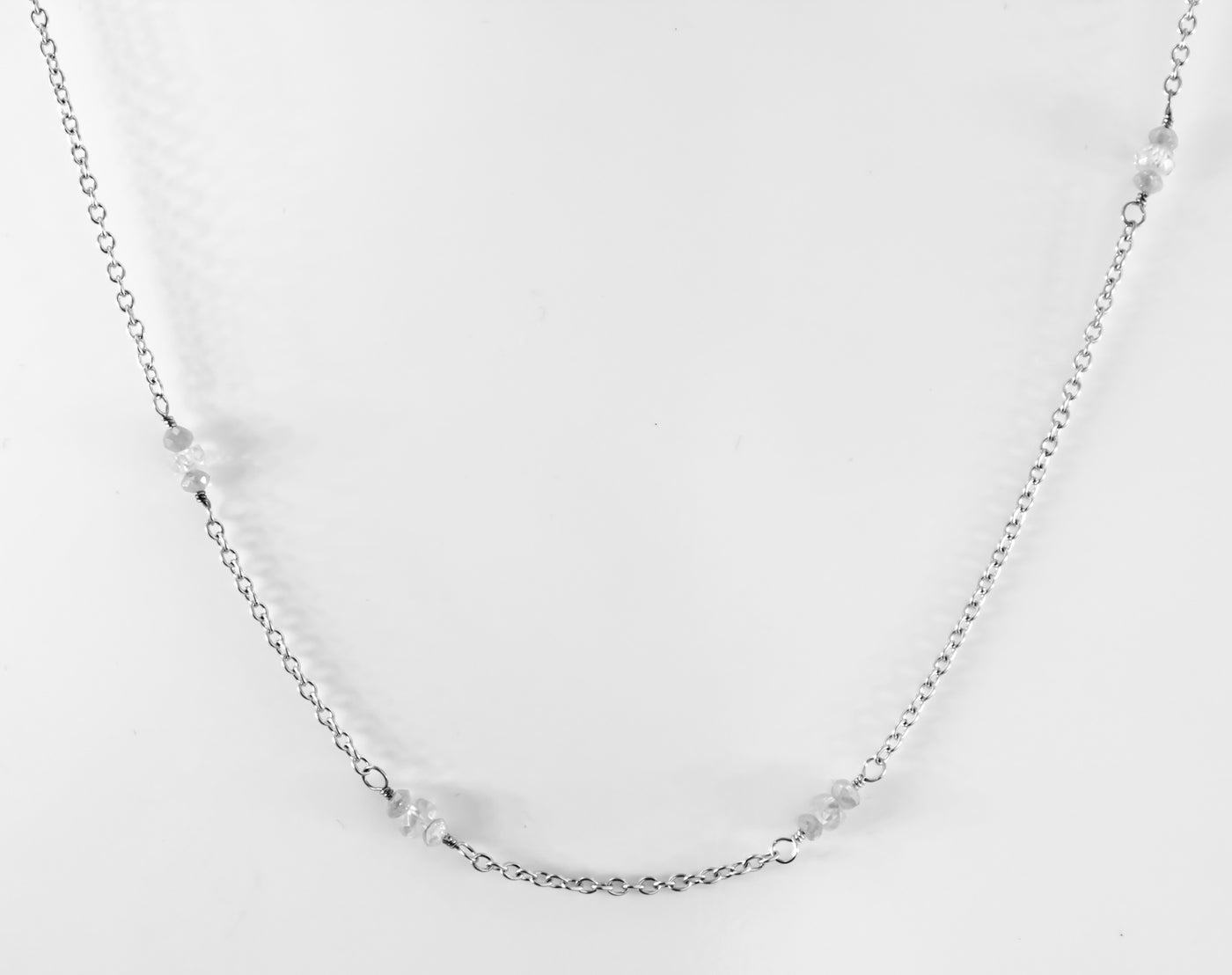 14K White Gold Cable Chain with Zircon and Diamond Beads