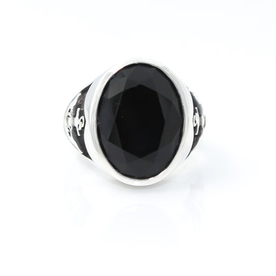 Sterling Silver Signet Ring with Faceted Oval Onyx