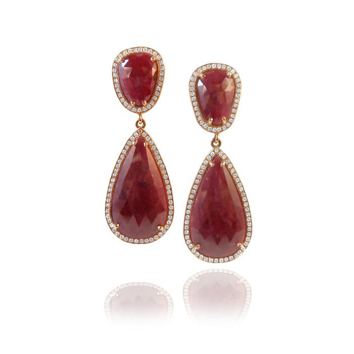 One of a Kind Rose Gold Ruby Slice and Diamond Earrings