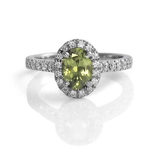 14K White Gold Oval Green Sapphire Engagement Ring with Diamond Halo
