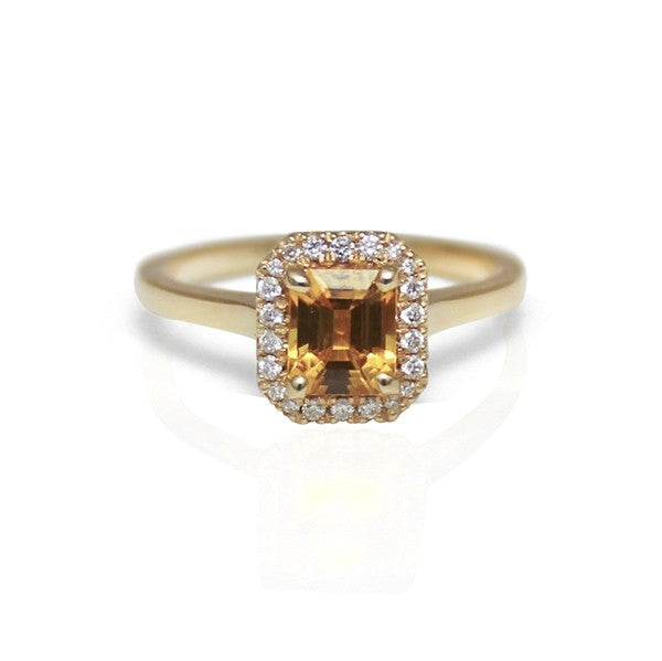14K Yellow Gold Octagonal Yellow Sapphire Engagement Ring with Diamond Halo