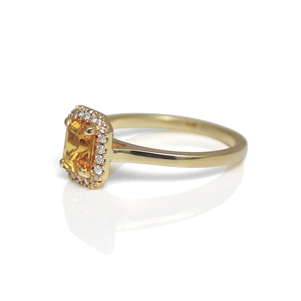 14K Yellow Gold Octagonal Yellow Sapphire Engagement Ring with Diamond Halo