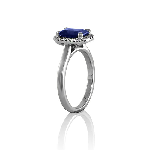 14K White Gold Blue Emerald Cut Sapphire and Diamond Halo Engagement Ring