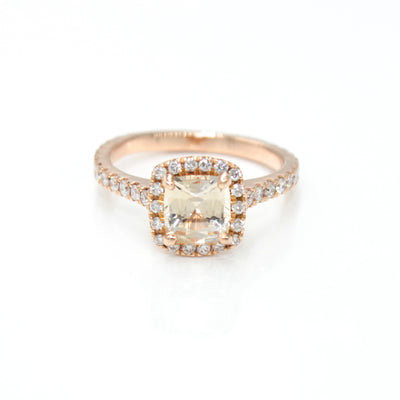 14K Rose Gold Scalloped Claw Ring With Cushion Cut Peach Sapphire, Diamond Halo, and Diamonds 2/3 Down The Shank