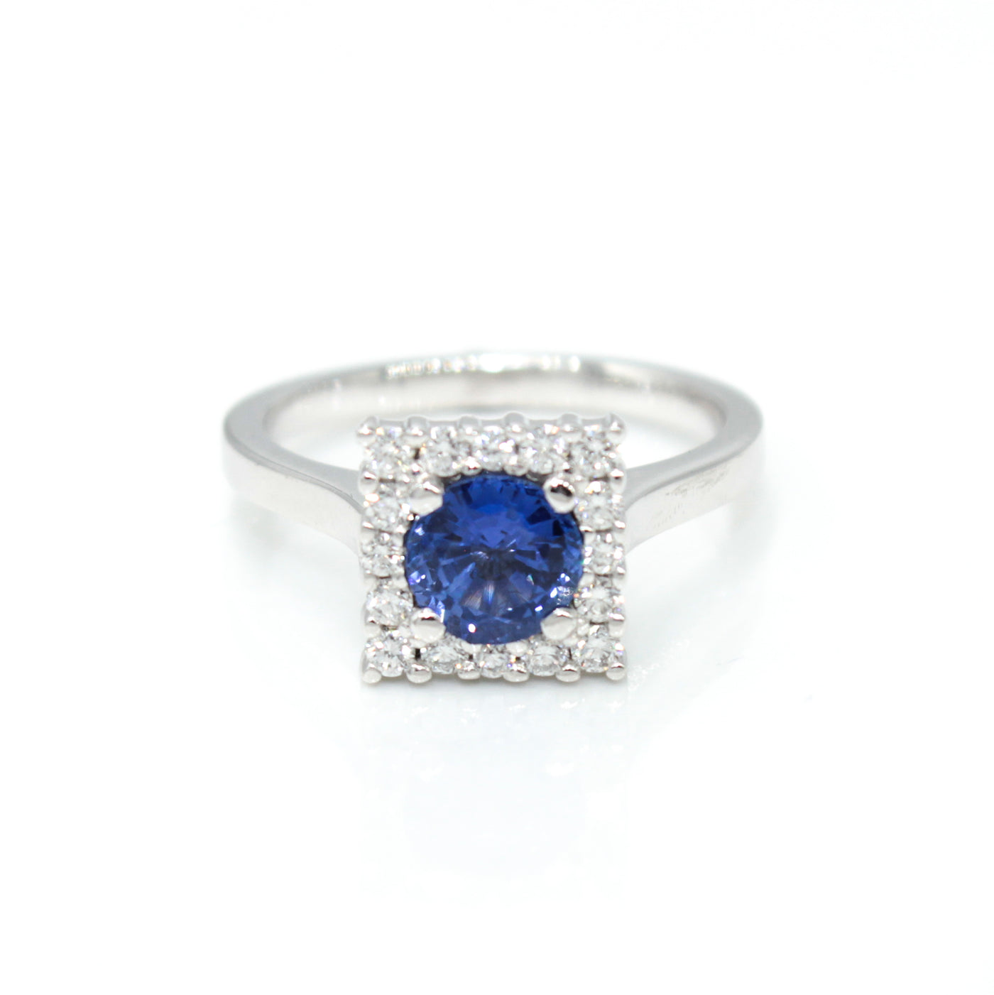 14k White Gold Engagement Ring With Natural Round Blue Sapphire With Square Halo