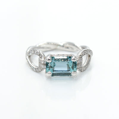 14K White Gold Twisted Shank Engagement Ring With Emerald Cut Aquamarine