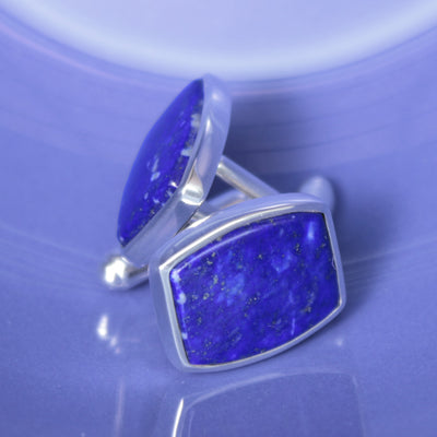 Handmade Sterling Silver Barrel Shaped Lapis Lazuli Gemstone Bezel Cufflinks