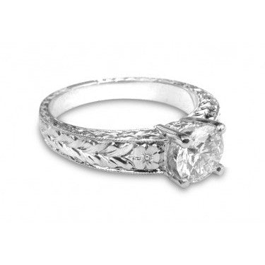 14k White Gold Engraved Buttercup Engagement Ring With Moissanite