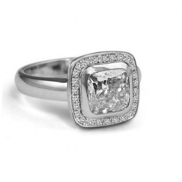 Bezel-Set Cushion Cut Diamond Halo Engagement Ring