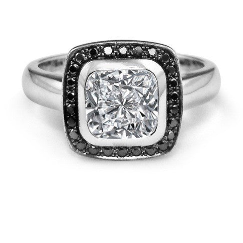 Cushion Cut Black and White Diamond Halo Engagement Ring