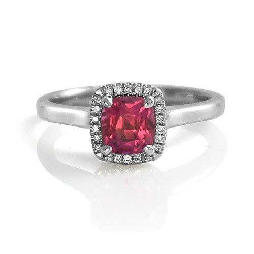 14K White Gold Cushion Cut Pink Sapphire Engagement Ring with Diamond Halo
