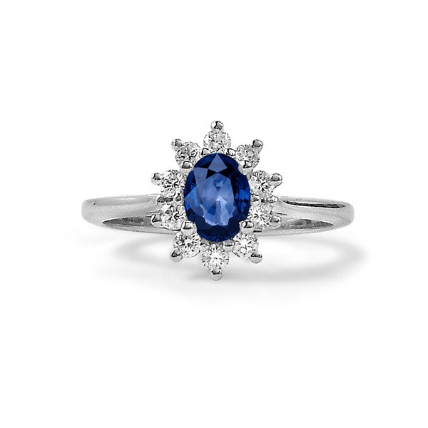 14K White Gold Oval Blue Sapphire Engagement Ring With Star Halo