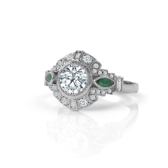 Art Deco Vintage Inspired Engagement Ring with Emerald Accents