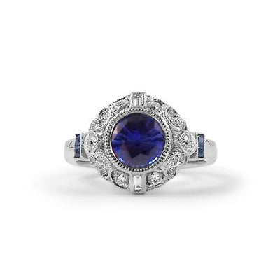14K White Gold Vintage-inspired Blue Sapphire Engagement Ring