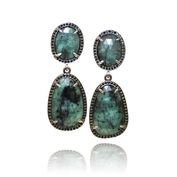 White Gold Emerald Slice Earrings with Black Diamonds
