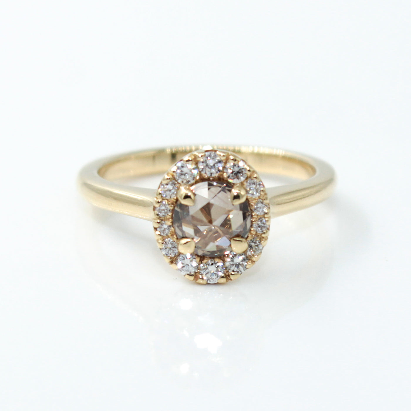 14K Yellow Gold Round Rose Cut Diamond Engagement Ring with Oval Halo