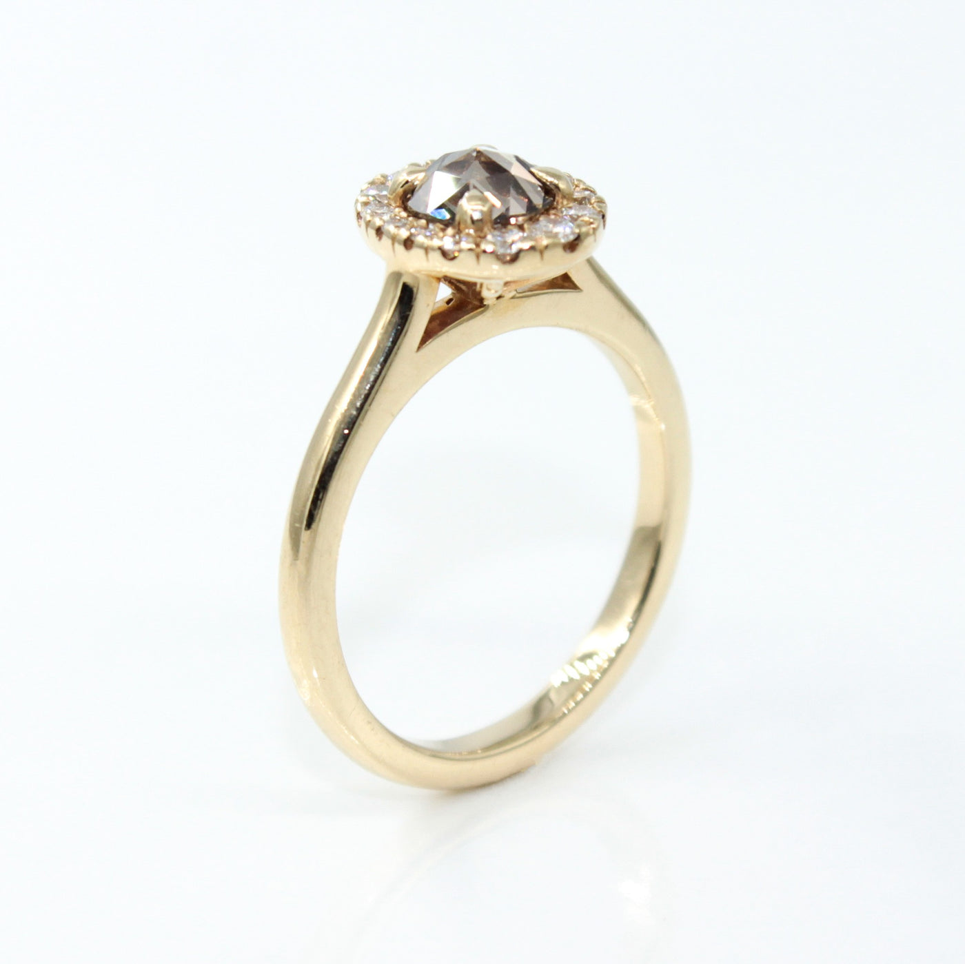 14K Yellow Gold Round Rose Cut Diamond Engagement Ring with Oval Halo