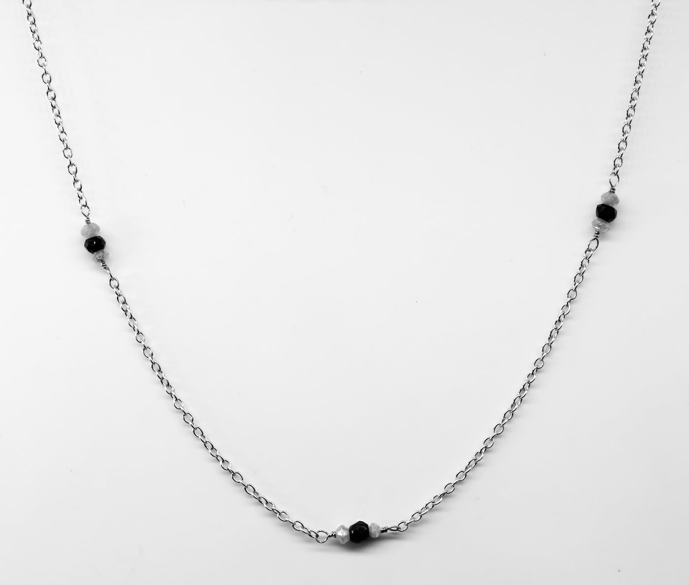14K White Gold Cable Chain with Faceted Black Spinel and Diamond Beads