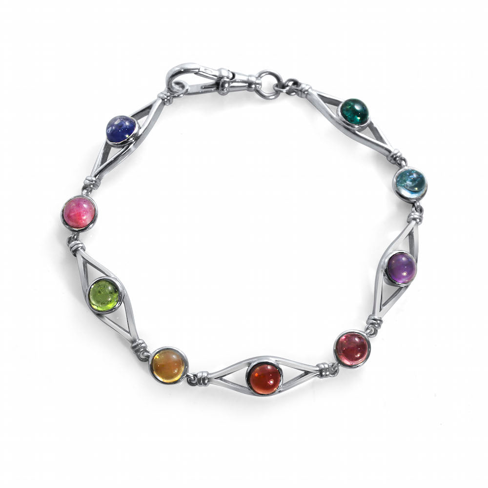 Sterling Silver Eclipse Collection Bracelet - With Multi-Coloured Cabochon Gem Stones