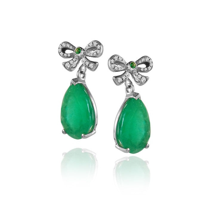 One of a Kind Custom Emerald and Diamond Bow Earrings