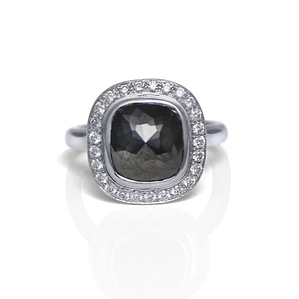 14K White Gold and Rose Cut Black Diamond Ring with Diamond Halo