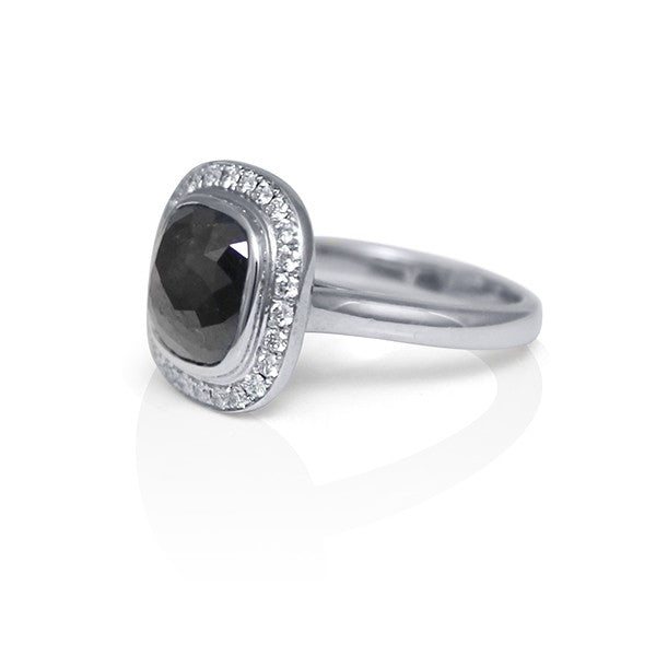 14K White Gold and Rose Cut Black Diamond Ring with Diamond Halo
