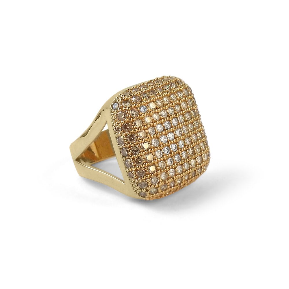 14K Yellow Gold Ring Pave Gradation of White to Champagne Diamonds