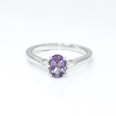 14K White Gold Oval Purple Sapphire Engagement Ring With Pear Shaped Diamonds on Shoulders