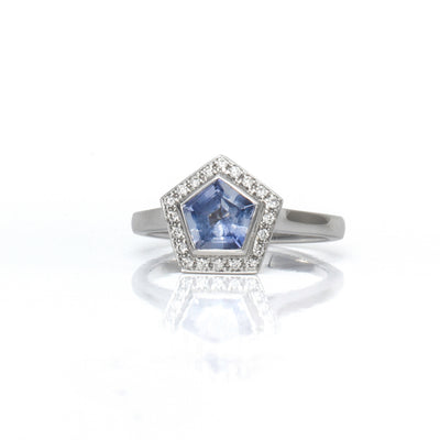 14K White Gold Pentagonal Light Blue Sapphire Engagement Ring with Diamond Halo