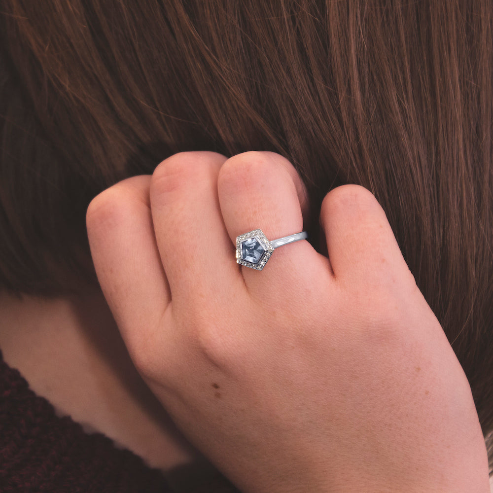 14K White Gold Pentagonal Light Blue Sapphire Engagement Ring with Diamond Halo