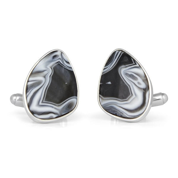 Handmade Sterling Silver Black and White Lace Agate Bezel Gemstone Cufflinks