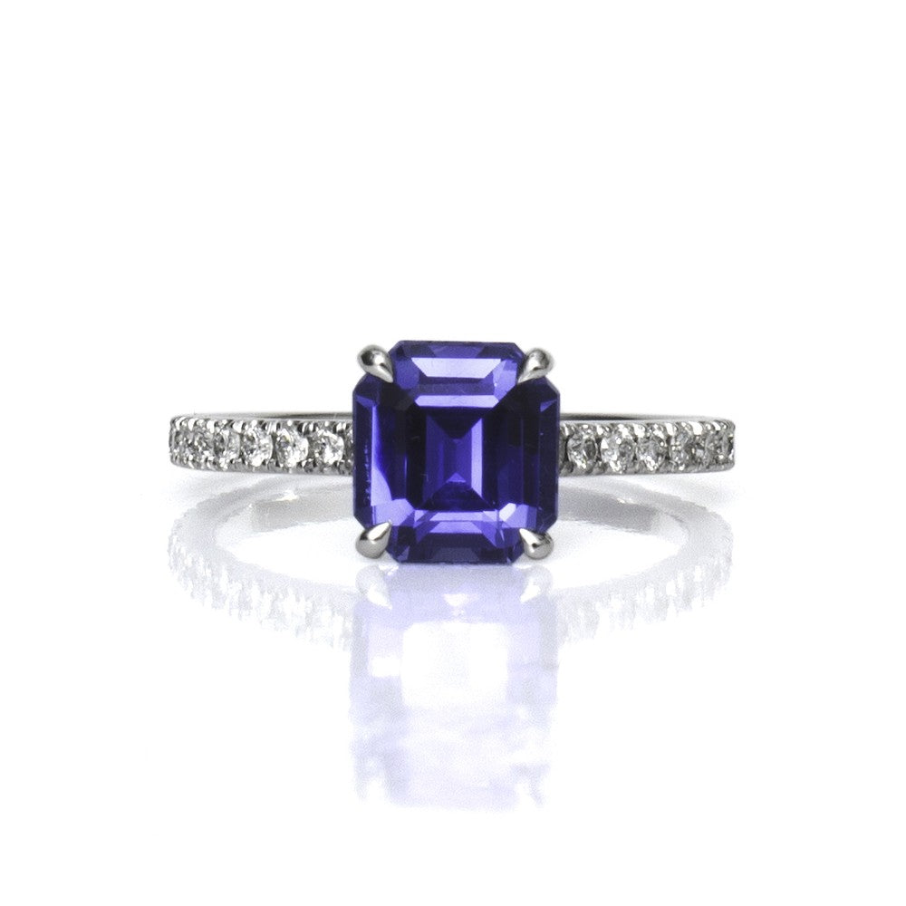 14K White Gold Emerald Cut Sapphire Pave Diamond Engagement Ring